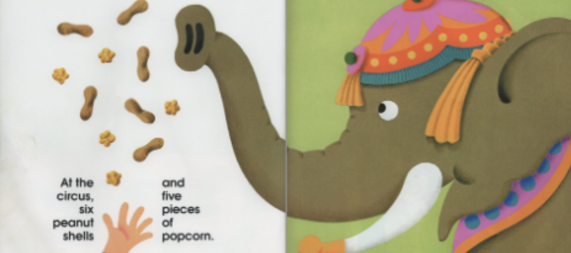 A circus elephant eats six peanut shells and five pieces of popcorn. Illustration from “12 Ways to Get to 11.”