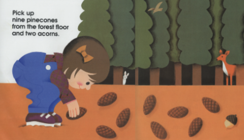 A young girl picks up nine pinecones from the forest floor. Illustration from “12 Ways to Get to 11.”