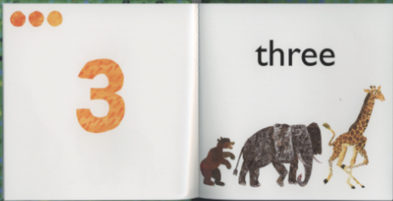 A bear, elephant, and giraffe are all in a line. Illustration from “Eric Carle’s 123.”