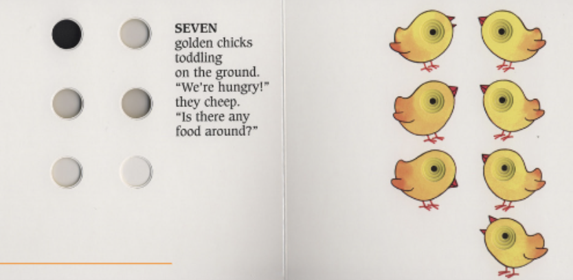 Three chicks are lined up next to four chicks. Illustration from “Let’s Count”.