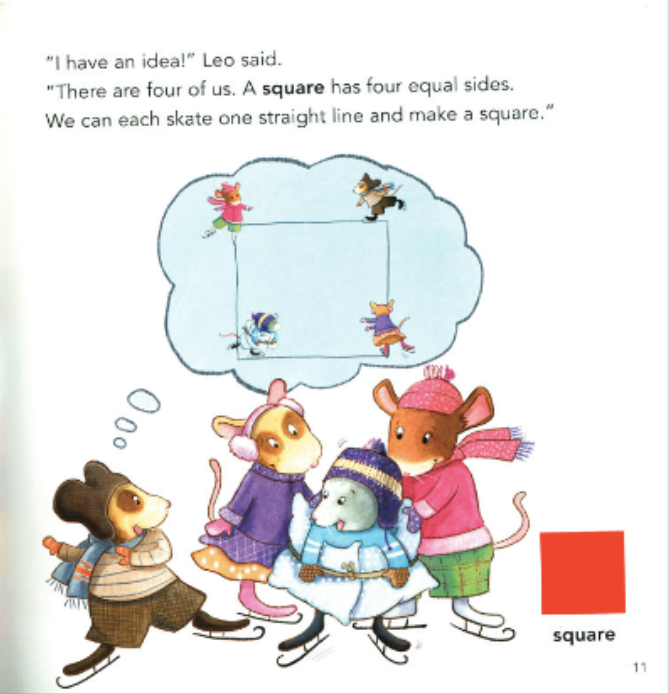 A mouse imagines his friends skating in a square. Illustration from “Mice on Ice”.