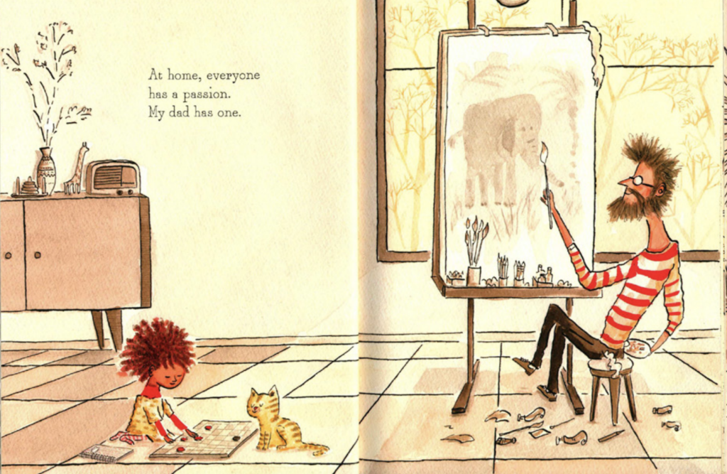 A father paints while his daughter plays checkers. Illustration from "Count on Me."