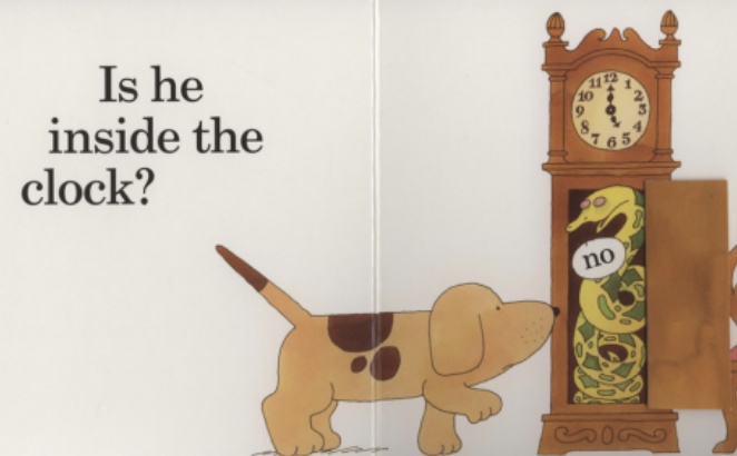 A dog looks for her lost puppy inside of a clock. Illustration from “Where’s Spot?”
