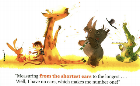 A rabbit, monkey, alligator, rino, and giraffe all compare ear lengths. Illustration from “Who Eats First.”