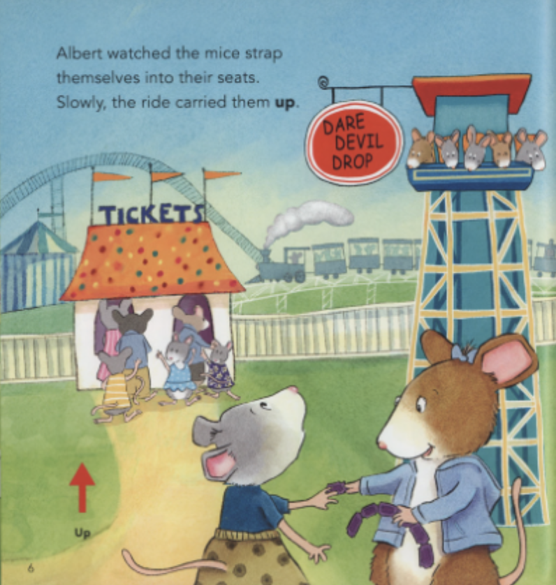 Two mice observe other mice on a ride called daredevil drop. Illustration from “Albert is Not Scared.”