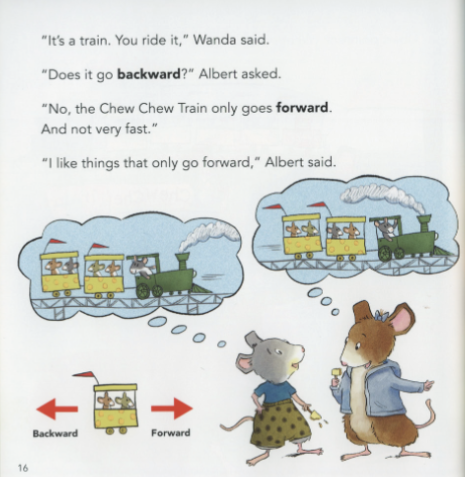 Two mice discuss the direction that trains move. Illustration from “Albert is Not Scared.”