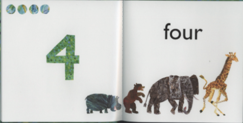 A hippo, bear, elephant, and giraffe are all in a line. Illustration from “Eric Carle’s 123.”