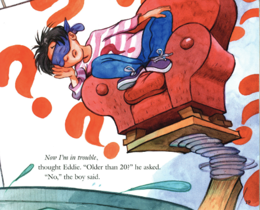 A boy who is blinded sits on a sofa balancing over a tub of water, raising his finger and smiling. Illustration from “More or Less”.