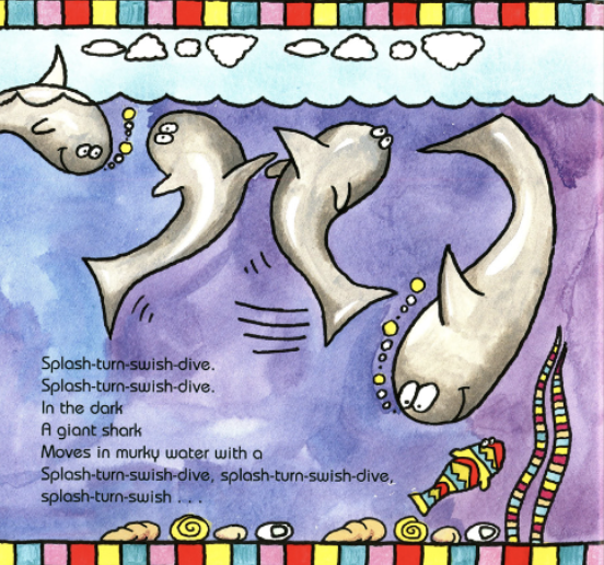 Four sharks swim in the ocean. Illustration from “Pattern Fish”.