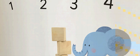 An elephant smiles as they count four wooden blocks. Illustration from “Crash! Boom! A Math Tale.”